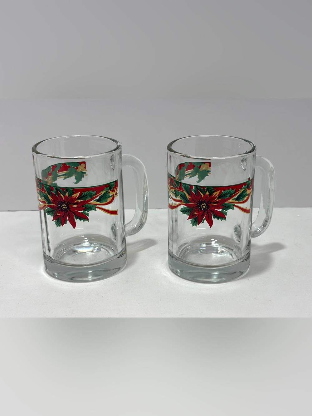 Vintage Glass Festive Poinsettia Mugs 80’s